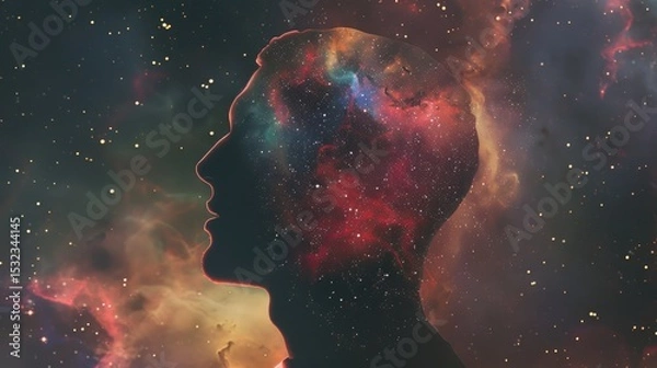Obraz Human head silhouette filled with colorful galaxy nebula and bright stars on surreal cosmic space background
