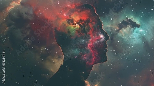 Obraz Human head silhouette filled with colorful galaxy nebula and bright stars on surreal cosmic space background