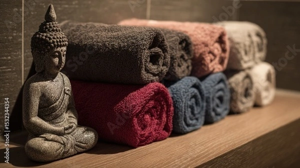 Fototapeta Rolled Towels and Buddha Statue in a Relaxing Spa-Style Setting