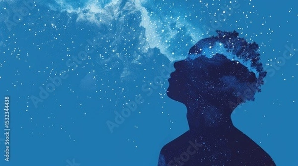 Obraz Human head silhouette filled with colorful galaxy nebula and bright stars on blue surreal cosmic space background