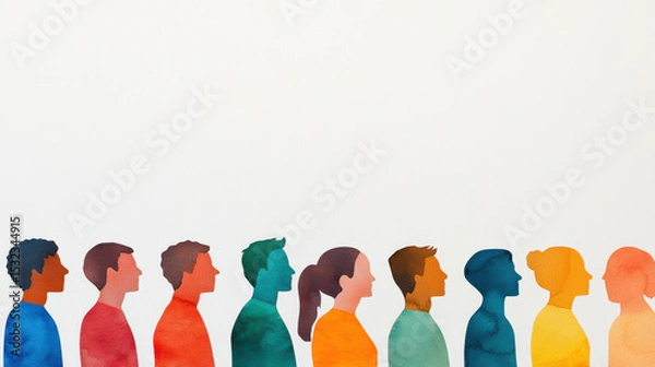 Fototapeta Vibrant watercolor silhouettes of diverse people standing row with colorful profiles and expressive poses white background