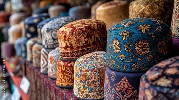 Fototapeta Traditional Muslim hats called taqiyah are sold in the Icheri Sheher market in Baku, Azerbaijan. The market is in the heart of the old town and is a popular tourist destination.