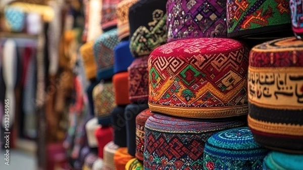 Fototapeta Traditional Muslim hats called taqiyah are sold in the Icheri Sheher market in Baku, Azerbaijan. The market is in the heart of the old town and is a popular tourist destination.