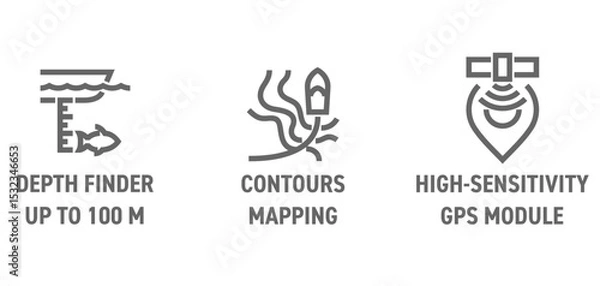 Fototapeta Fishfinder icons - Contours mapping, High-sensitivity GPS, Depth finder. in bold line