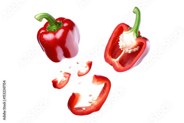 Fototapeta Red bell pepper exploding isolated on a white background png ai generated