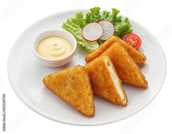 Fototapeta Crispy baked cheese triangles with a creamy dipping sauce and fresh salad