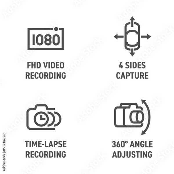 Fototapeta Dash camera icons set - 4 sides, Full HD, 360 degrees, Time-lapse. in bold line