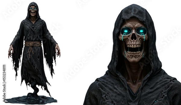 Fototapeta Spooky ghostly figure in a tattered robe with glowing eyes and skull face