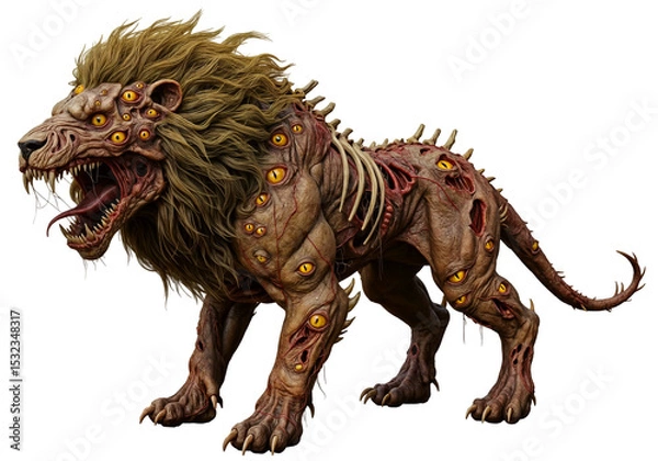 Fototapeta Terrifying horror lion creature with many eyes and exposed bones