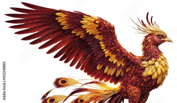 Fototapeta Majestic Phoenix bird with vibrant red and gold fiery feathers in side view