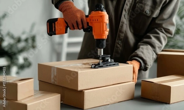 Fototapeta Worker Using a Cordless Drill to Secure Cardboard Boxes