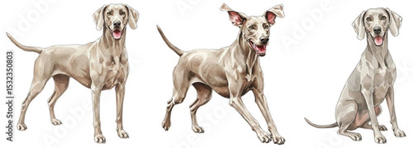 Fototapeta Three beautiful Weimaraner dogs in watercolor style showing different poses