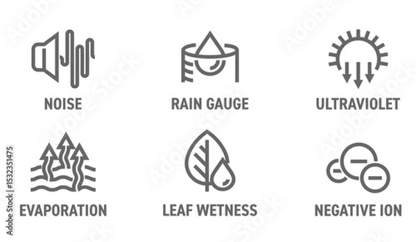 Fototapeta Weather sensors - Rain gauge, Ultraviolet, Noise. Leaf wetness, Negative ion, Evaporation. in bold line