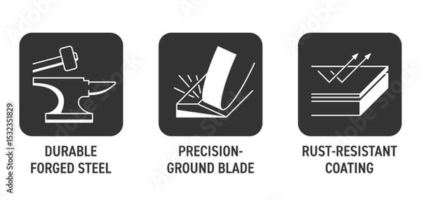 Fototapeta Forged steel, Fully precision, Rust resist - icons in monochrome style and square shape