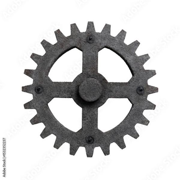 Obraz Large, weathered metal gear with rustic appearance, featuring prominent teeth and central hub, evokes sense of industrial history and mechanical engineering