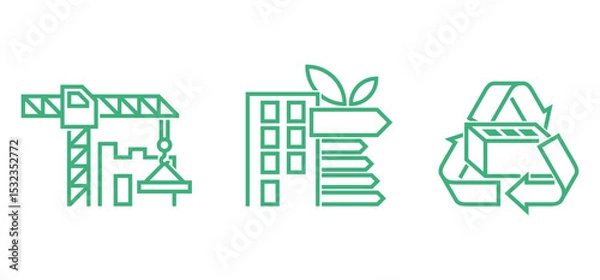 Fototapeta Green house icons - recyclable materials, lean construction, energy-efficient building. in bold line