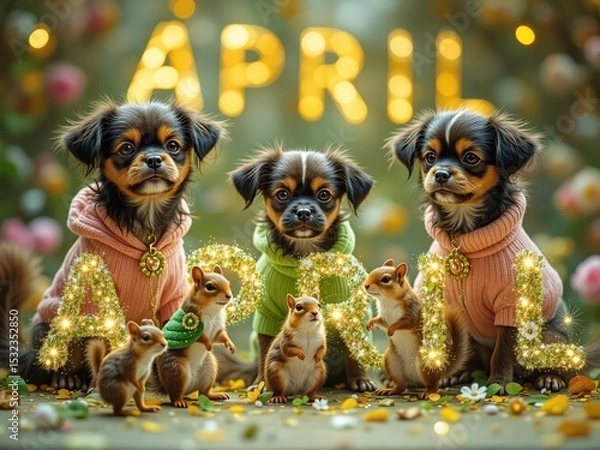Fototapeta April Frolic:  Adorable Dogs & Squirrels in Festive Attire