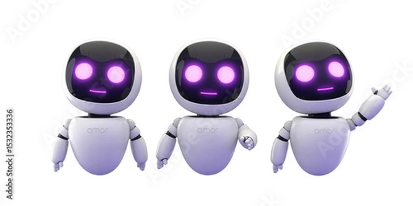 Fototapeta Three cute ai robots standing against black background digital render future tech robot technology ai assistance