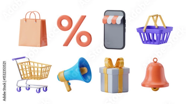 Fototapeta Online shopping sale promotion with shopping bag cart gift discount and notification in render style