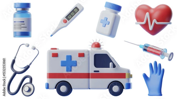 Fototapeta Medical equipment and ambulance 3d render for healthcare and emergency services illustration vector design