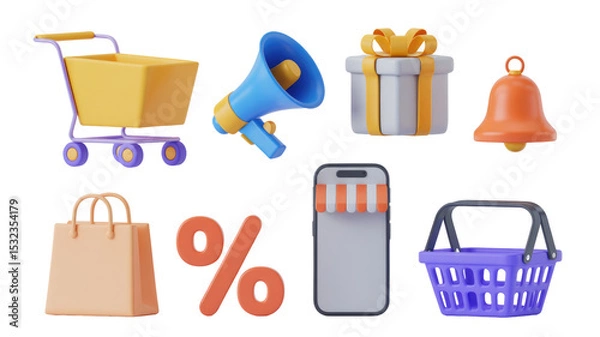 Fototapeta Online shopping sale promotion 3d render with cart megaphone gift notification and discount symbol 100