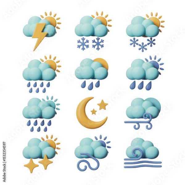 Fototapeta Weather forecast icons set with sun cloud rain snow and wind for app or website design elements
