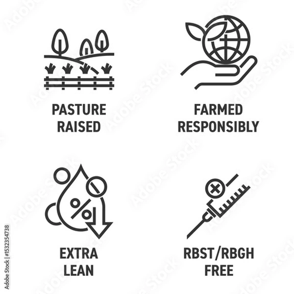 Fototapeta Beef quality icons - Farmed responsibly, Pasture raised, antibiotics free, Extra lean. in bold line