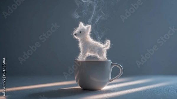 Fototapeta Surreal Smoky Dog Shape Emerging from Coffee Cup in Soft Light Setting