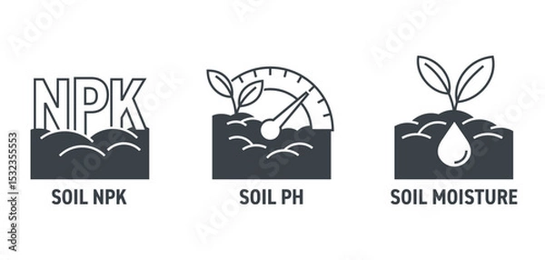 Fototapeta Soil quality sensors icons - Soil pH, moisture, NPK proportions. in monochrome style