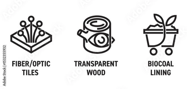 Fototapeta Innovative building materials - Transparent wood, Biocoal lining, Fiber Optic tiles. Icons set