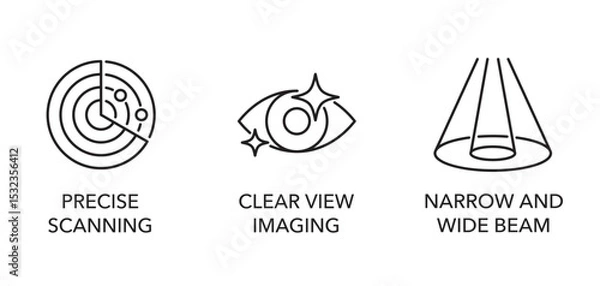 Fototapeta Fishfinder icons set - Clear view, Narrow and wide beam, Precise scanning. In monochrome