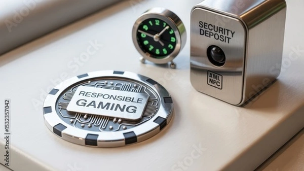 Fototapeta Promoting responsible gaming, a casino chip with integrated circuits, a security deposit box, and a clock highlight the importance of time management and financial security in gambling