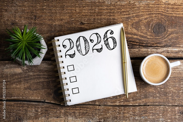 Fototapeta New year resolutions 2026 on desk. 2026 goals list with notebook, coffee cup, plant on wooden table. Resolutions, plan, goals, action, checklist, idea concept. New Year 2026 resolutions, copy space