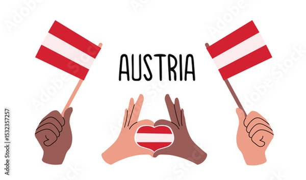 Fototapeta Austrian flags. Vector illustration of diverse hands holding Austrian flags and forming a heart with the Austrian flag. Symbol of unity, patriotism, love for Austria, celebration of national pride.