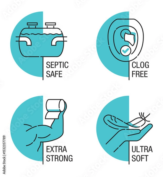Fototapeta Toilet paper features icons - Soft, Strong, Clog-free, Septic-safe, in thin line