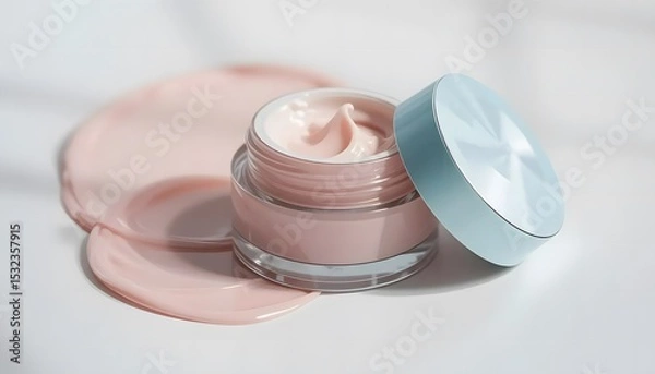 Obraz Macro shot of cosmetic container with twist-off lid, pastel colors, soft shadowing on white background, beauty product photography style