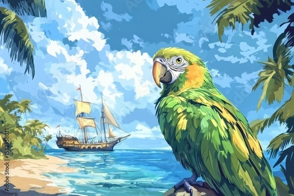 Obraz Crazy Bird Illustration. Pirate Parrot on Sailboat with Ocean and Pirate Ship in Background