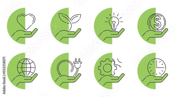 Fototapeta Hand holding diverse symbols - Web icons collection in thin line, semicircular shape