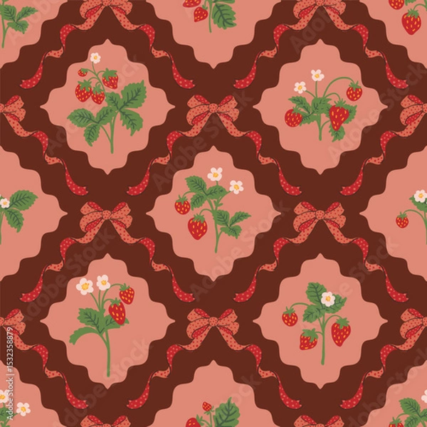 Fototapeta Red wild strawberry coquette ribbon bow trellis checkered seamless pattern Damask Rhombus Background