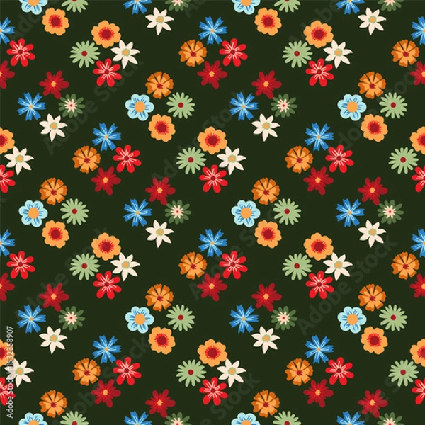 Fototapeta Preppy summer simple flower head checkered seamless pattern. Vivid coquette romb flower texture