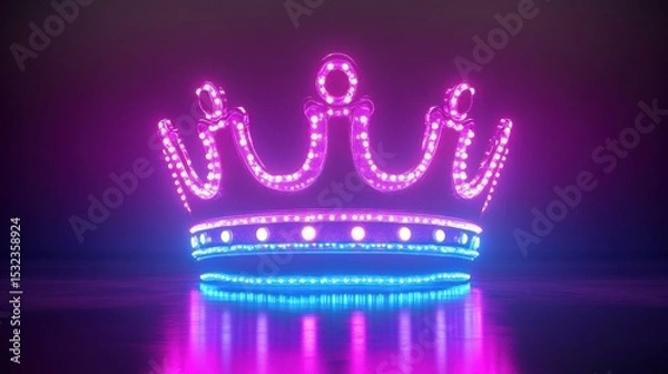 Obraz Crown Neon. 3D Rendered Artwork of Neon Crown on Stage with Abstract Blue Lighting