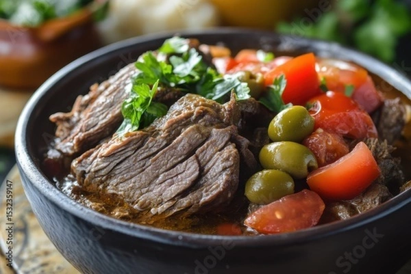 Obraz Cuban Food: Authentic Ropa Vieja Cooked to Perfection with Stewed Tomatoes and Olives
