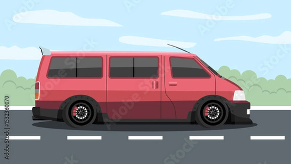 Fototapeta vector flat color side view of sport racing speed street van car vehicle on street