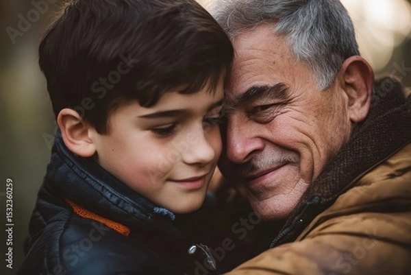 Obraz Dad And Teenage Son. Man Embracing Boy in Affectionate Hug, Smiles at Each Other.