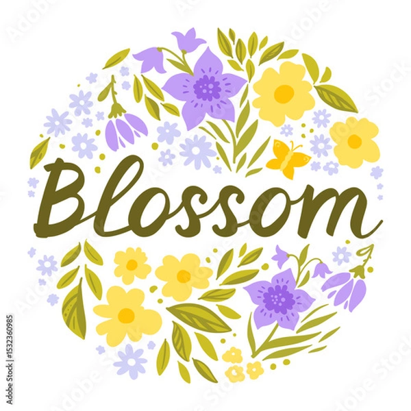 Fototapeta Round blossom floral design with butterflies, flowers and leaves in cartoon flat style and lettering "Blossom". Vector illustration collection for stickers, website, banner, print, landing page