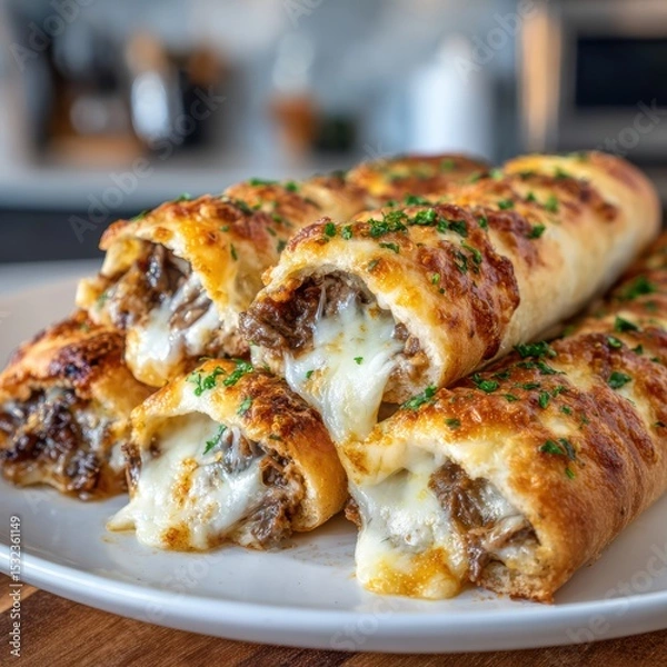 Fototapeta Delicious beef and cheese rolls served on a white plate in a modern kitchen setting with fresh herbs for garnish