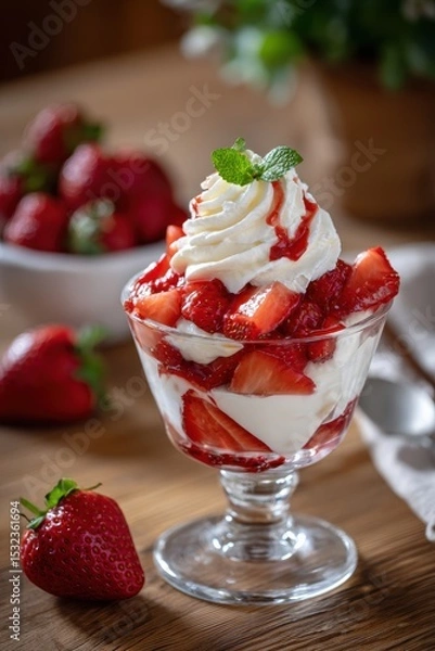 Fototapeta Deliciously fresh strawberry dessert with whipped cream and syrup served in a clear glass bowl