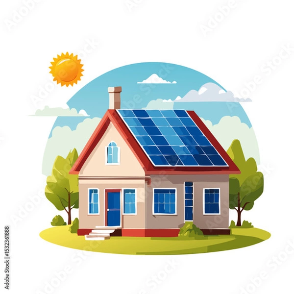 Obraz house photovoltaic solar panels plant, wind and rechargeable vector clip art icon design