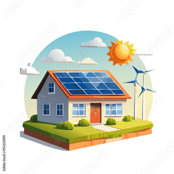 Obraz house photovoltaic solar panels plant, wind and rechargeable vector clip art icon design
