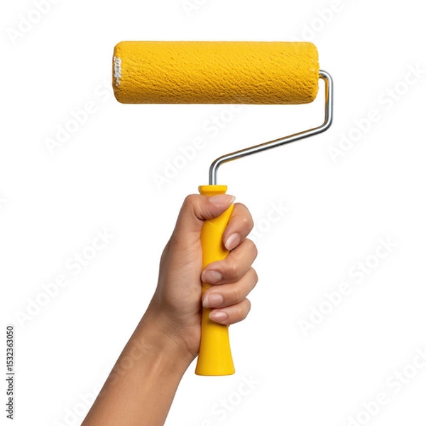 Fototapeta A hand holding a yellow paint roller with a metal handle against a black background in a studio shot